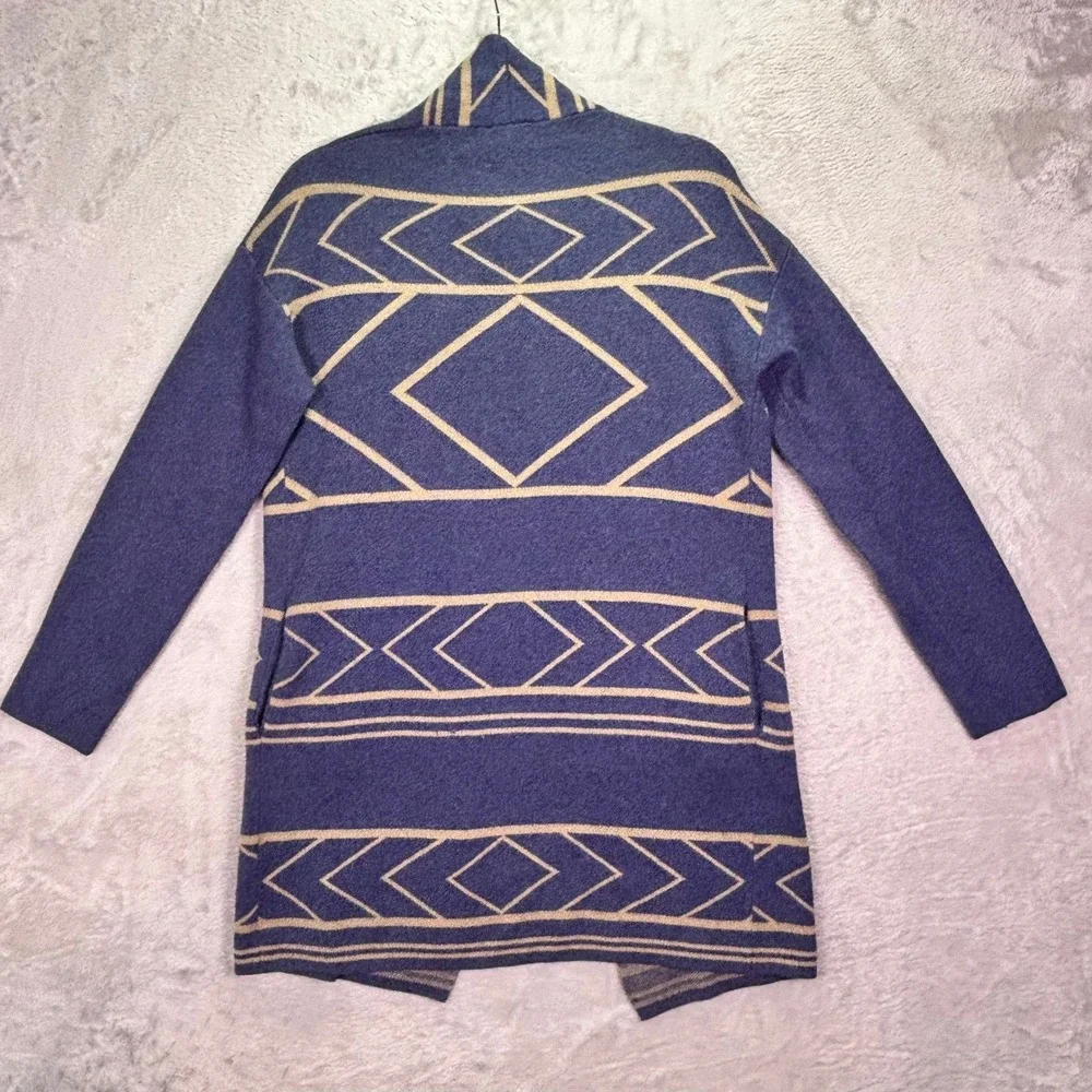 Rebecca Elliot Womens Cardigan Sz M Blue Tan Geometric Open Front Pockets AMD102